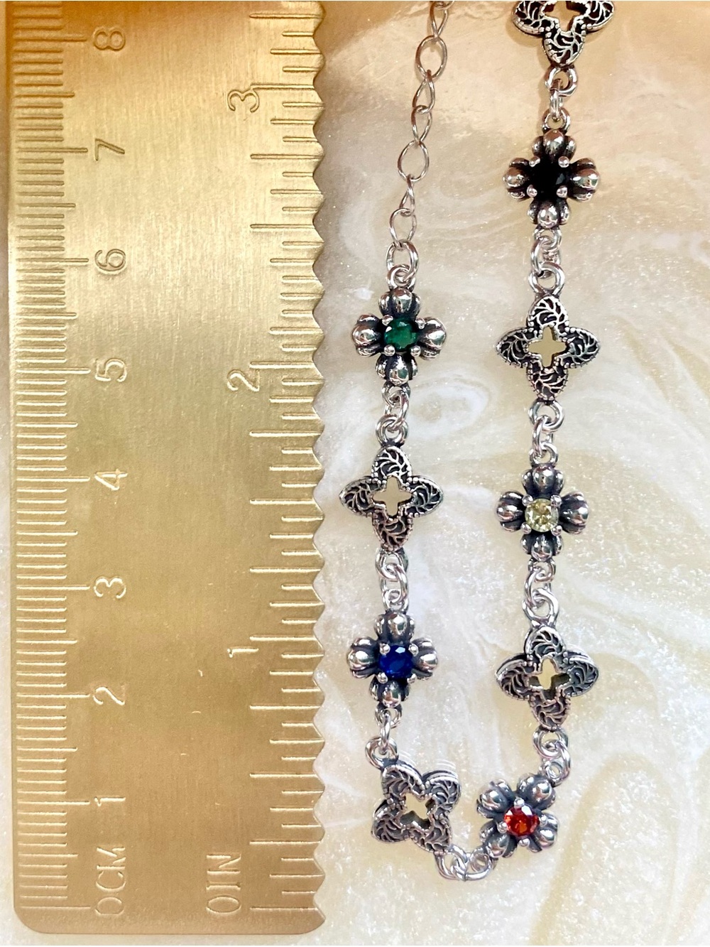 Sterling Silver Floral Multi-Gem Bracelet in Green, Red, Yellow, and Blue - Picture 4 of 5